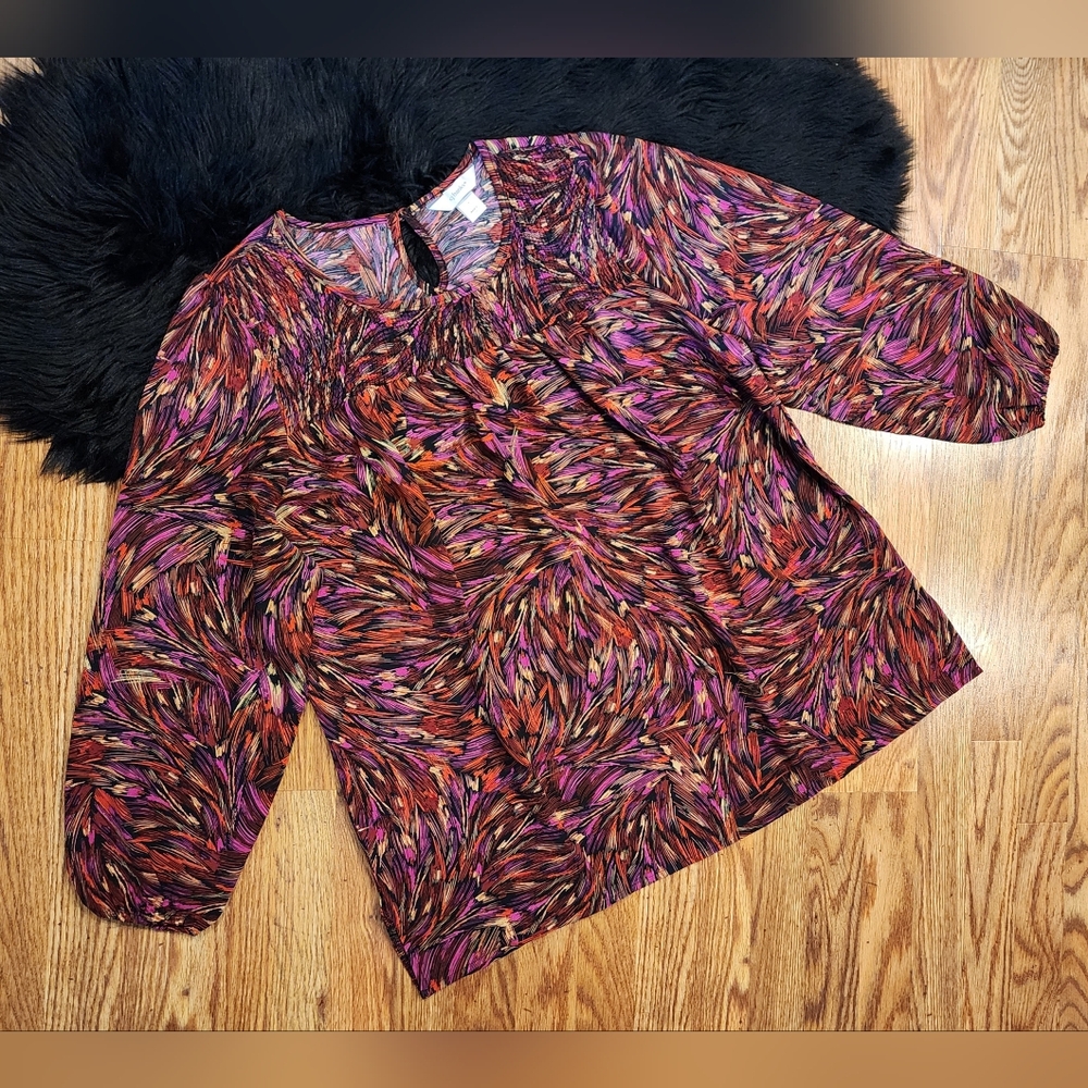 CJ Banks Vibrant Swirl Print 3/4 Balloon Sleeves Blouse Tunic Women's Size 1X